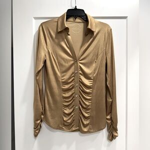 I.N.C. Gold Ruched Button-Up Blouse. Size M. Crystal buttons